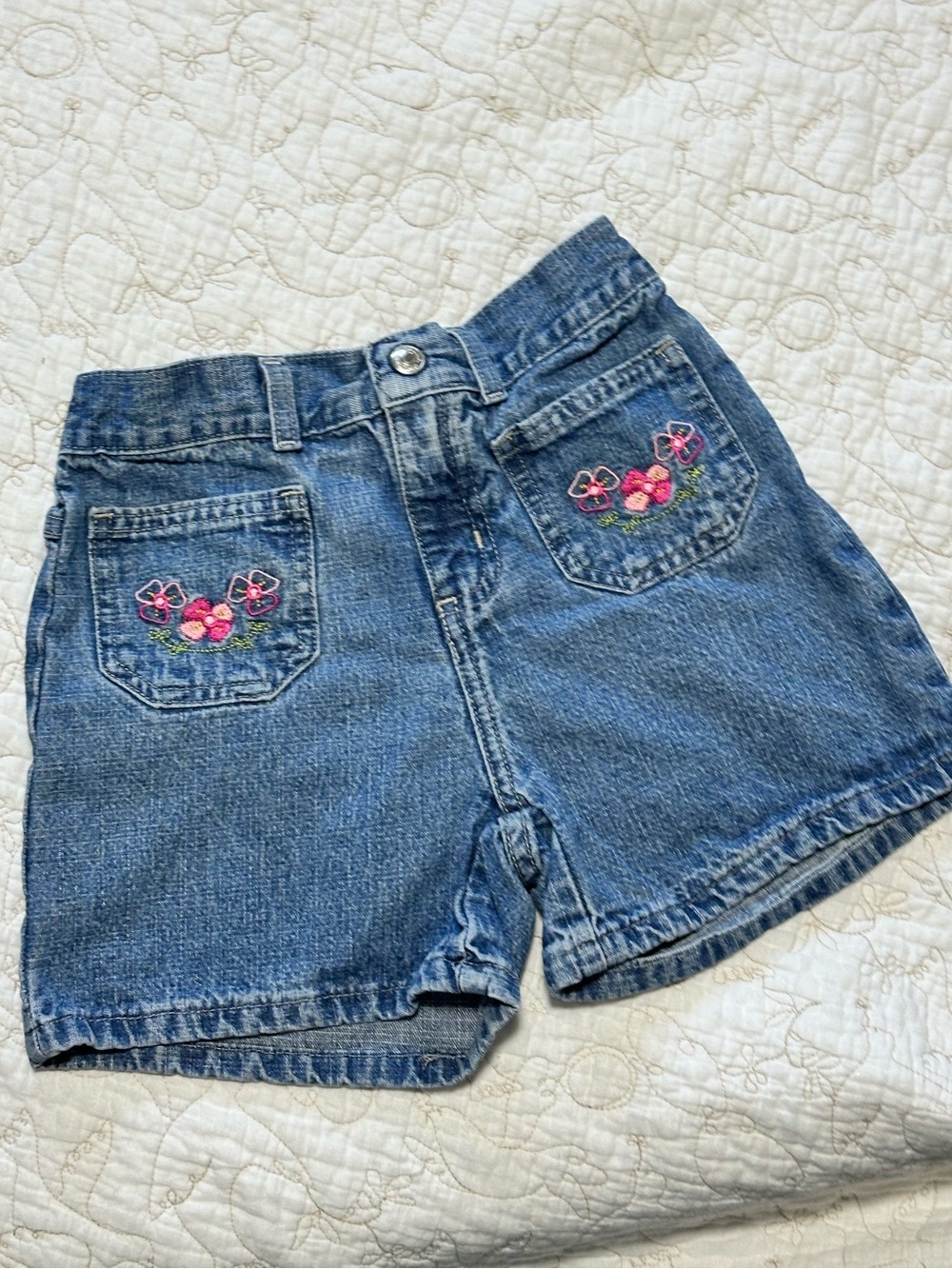 Girls' Cute Y2K Denim Shorts with Pink Floral Embroidery